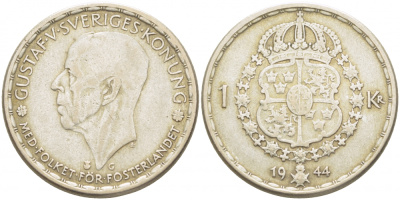 Швеция 1 крона 1944 G, Густав V (1907-1950) KM 814 серебро 175-1116