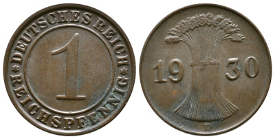 ГЕРМАНИЯ 1 РЕЙХСПФЕННИГ 1930 D KM 37, J. 313 бронза 4380-1168