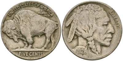 США 5 центов 1926 индеец, бизон KM 134 медно-никель 4135-433