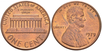 США 1 ЦЕНТ 1979 D KM 201 ЛИНКОЛЬН медь цинк UNC 3309-242