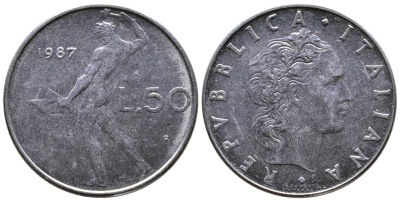 ИТАЛИЯ 50 ЛИР 1987 R, КУЗНЕЦ KM 95.1 сталь 3333-823
