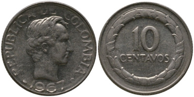 Колумбия 10 сентаво 1967 KM 226 сталь плакированная никелем 4576-1049