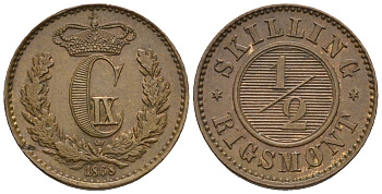 Дания 1/2 скиллинга ригсмонт 1868 Кристиан IX (1863-1906) KM 776 медь 00-00