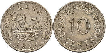 Мальта 10 центов 1972 баржа Великого магистра KM 11 медно-никель 82-612