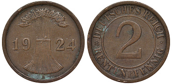 Германия 2 рентенпфеннига 1924 A KM 31, J.307 бронза 4164-442