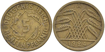 ГЕРМАНИЯ 5 РЕНТЕНПФЕННИГОВ 1924 A KM 32, J. 308, Weege 6 алюминиевая бронза 211-546