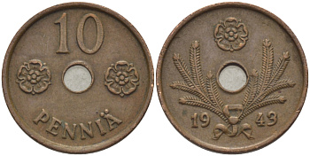ФИНЛЯНДИЯ 10 ПЕННИ 1943 KM 33.1 медь 100-167
