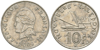 Французская Новая Каледония 10 франков 2008 рыбачья парусная лодка, (IEOM) KM 11a, Schoen 13a, Lec 99k медно-никель 60-357