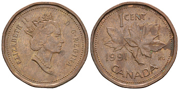 Канада 1 цент 1991 Елизавета II (1952-2022), кленовый лист KM 181 бронза 4609-233