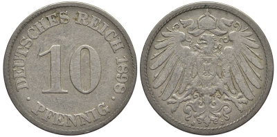 Германия 10 пфеннигов 1899 J KM 12, Jager 13, Weege 8 медно-никель 219-324