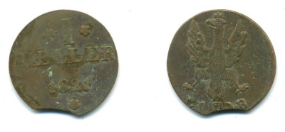 Франкфурт 1 геллер 1821 GB AKS 30, Jaeger 10, KM 301 медь 54-625