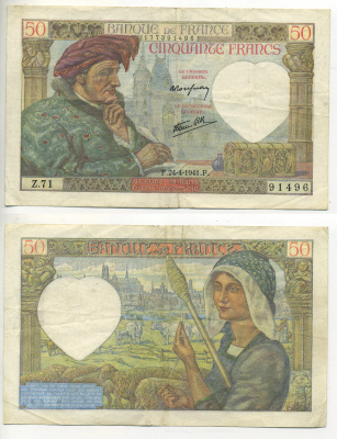 ФРАНЦИЯ 50 ФРАНКОВ 1941 24 АПРЕЛЯ 1941, ЖАК КЁР, ФРАНЦУЗМКИЙ ПРОМЫШЛЕННИК Pick 93 бумага 7553-41-3