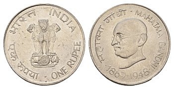 Индия 1 рупия 1969 100 лет со дня рождения Махатмы Ганди KM 77 никель 60-527