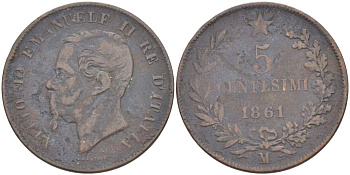 ИТАЛИЯ 5 ЧЕНТЕЗИМО 1861 М, МОНДВОР МИЛАН, ВИКТОР ЭММАНУИЛ II (1861-1878) KM 3.2 медь 4525-115