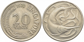 СИНГАПУР 20 ЦЕНТОВ 1970 ГОЛУБОЙ МАРЛИН, ТУНЕЦ KM 4 медно-никель 3856-933