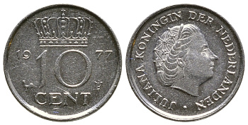 НИДЕРЛАНДЫ 10 ЦЕНТОВ 1977 ЮЛИАНА KM 182 никель 4383-448