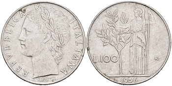 Италия 100 лир 1956 R, АФИНА У ОЛИВКОВОГО ДЕРЕВА KM 96.1 нержавеющая сталь 4572-934