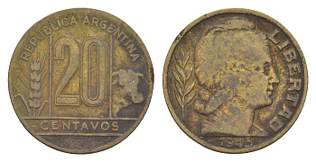 Аргентина 20 сентаво 1943 KM 42 алюминиевая бронза 4655-1023