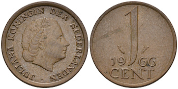 Нидерланды 1 цент 1966 Юлиана (1948-1980), большая дата КМ 180 бронза    4124-315