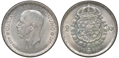 Швеция 2 кроны 1945 TS, Густав V (1907-1950) KM 815 серебро 4178-1345