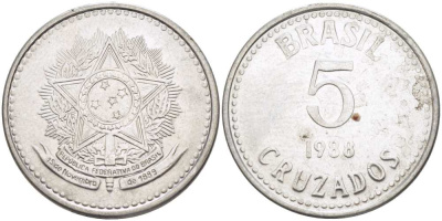 Бразилия 5 крузадо 1988 реформа 1986-1989 KM 606 нержавеющая сталь 67-127