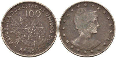 Бразилия 100 рейс 1901 голова свободы вправо KM 503 медно-никель 4589-1025