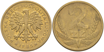ПОЛЬША 2 ЗЛОТЫХ 1985 MW KM 80.1 латунь 187-952