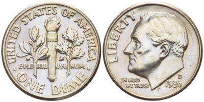 США 10 ЦЕНТОВ = 1 ДАЙМ 1985 D, РУЗВЕЛЬТ KM 195а медь плакированная медно-никелем 4547-949