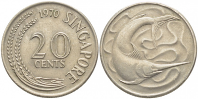 СИНГАПУР 20 ЦЕНТОВ 1970 ГОЛУБОЙ МАРЛИН, ТУНЕЦ KM 4 медно-никель 3856-933