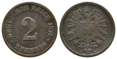 Германия 2 пфеннига 1875 G, старогербовка KM 2, J.2 медь 4364-2712