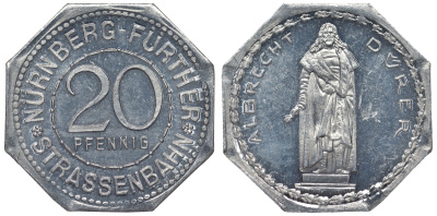Германия, Нюрнберг - Фюрт 20 пфеннигов ND трамвайный жетон, памятник Дюреру алюминий UNC 4119-742