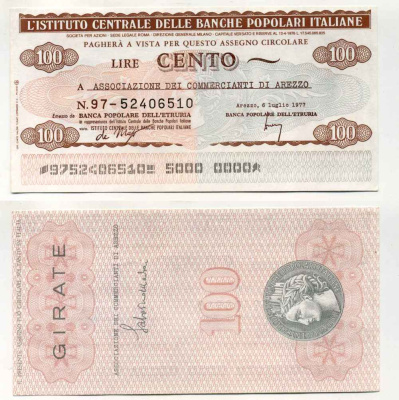 Италия 100 лир 1977 Banca popoLare Dell'etrueia, ассоциация торговцев arezzo, 6 июля 1977 arezzo бумага UNC (пресс) 8588-22-1-1