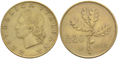 Италия 20 лир 1958 R, дубовый лист KM 97.1 алюминиевая бронза 4519-1216