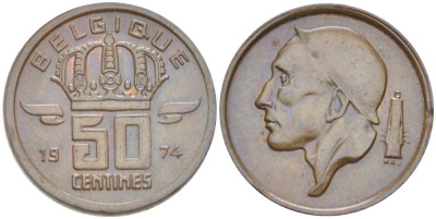 БЕЛЬГИЯ 50 САНТИМОВ 1974 BELGIQUE, БОДУЭН I (1951-1993) KM 148.1 бронза 214-461