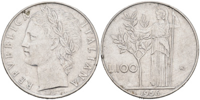 Италия 100 лир 1956 R, АФИНА У ОЛИВКОВОГО ДЕРЕВА KM 96.1 нержавеющая сталь 4572-934