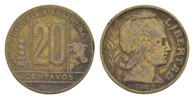 Аргентина 20 сентаво 1943 KM 42 алюминиевая бронза 4655-1023