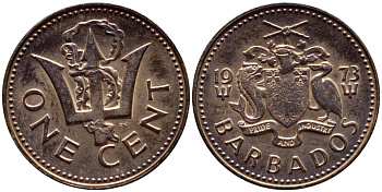 Барбадос 1 цент 1973 сломанный трезубец Британии KM 10 бронза 4396-1241