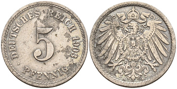 Германия 5 пфеннигов 1903 J KM 11, J. 12 медно-никель 4151-442