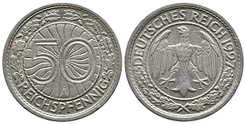 Германия 50 рейхспфеннигов 1927 A KM 49, J. 324 никель 4380-413