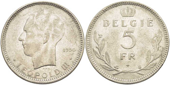 Бельгия 5 франков 1936 Леопольд III (1934-1951), Belgie KM 109 никель 3851-532