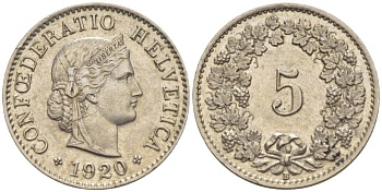 ШВЕЙЦАРИЯ 5 РАППЕНОВ 1920 В KM 26 медно-никель 4532-922