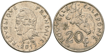 Французская Новая Каледония 20 франков 2015 три быка, (IEOM) KM 12a, Schoen 14a медно-никель 4137-513