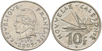 Французская Новая Каледония 10 франков 2009 рыбачья парусная лодка, (IEOM) KM 11a, Schoen 13a, Lec 99k медно-никель 60-1316