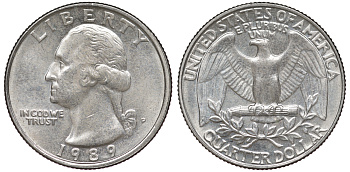 США 25 центов = квотер 1989 P, Вашингтон KM A164a медь плакированная медно-никелем 4556-143