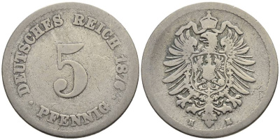 ГЕРМАНИЯ 5 ПФЕННИГОВ 1876 H, СТАРОГЕРБОВКА KM 3, Jager 3, Weege 5 медно-никель 4546-1051