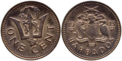 Барбадос 1 цент 1973 сломанный трезубец Британии KM 10 бронза 4396-1241