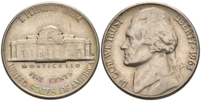 США 5 центов 1963 D, Джефферсон KM А192 медно-никель 92-1052