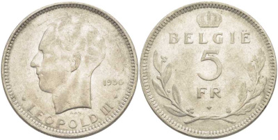 Бельгия 5 франков 1936 Леопольд III (1934-1951), Belgie KM 109 никель 3851-532