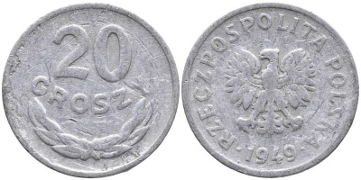Польша 20 грошей 1949 KM 43а, Parchimowicz 207b алюминий 105-966