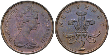 Великобритания 2 пенса 1975 Елизавета II (1952-2022) KM 916, Spink 4235 (C1) бронза 4587-911
